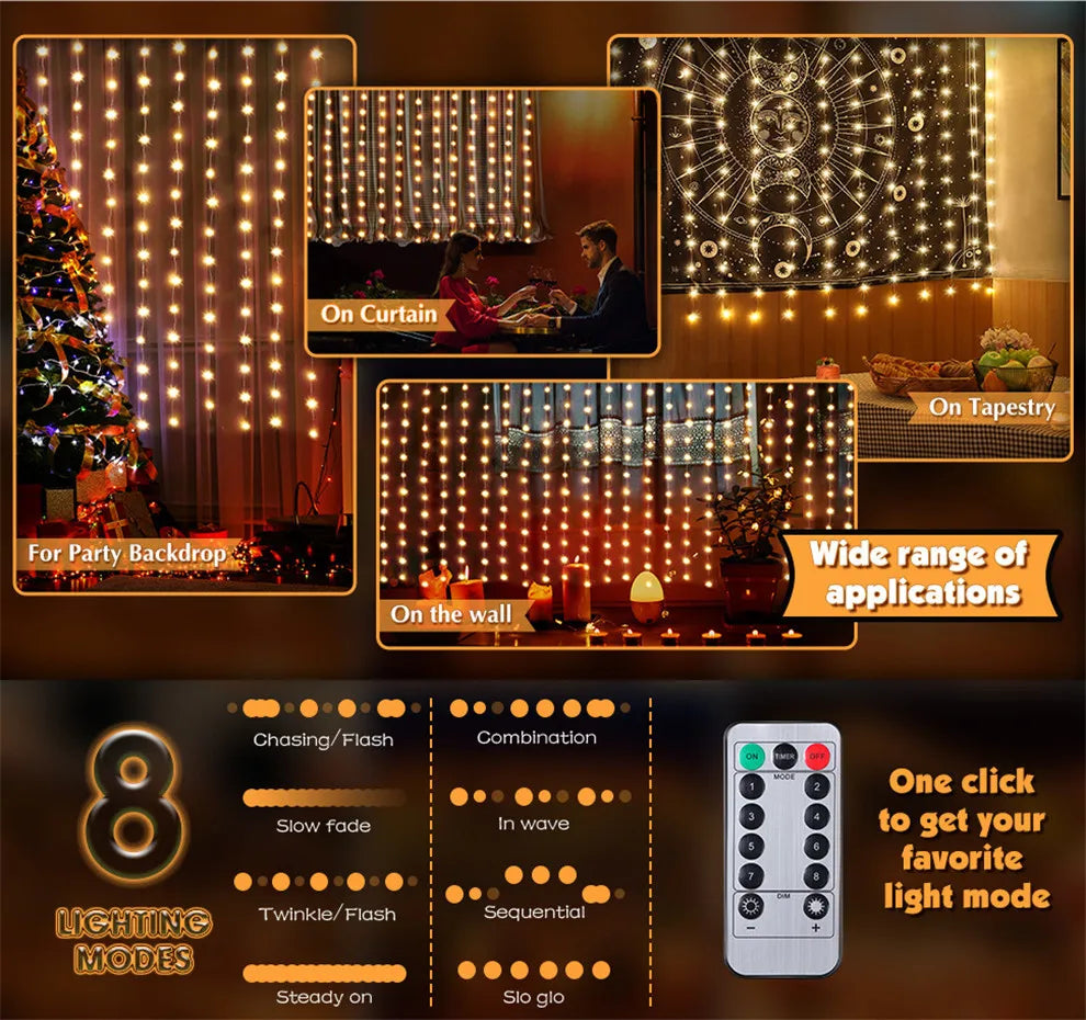 LED Fairy String Curtain Lights with 8 Remote Control Modes USB Powered for Christmas and Home Decor