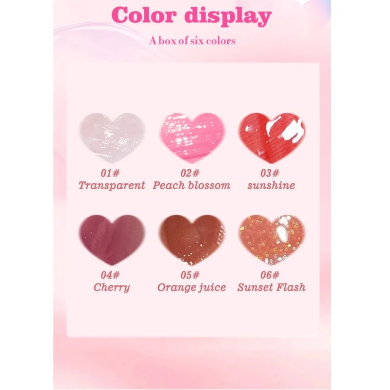 6 Piece Glass Mirror Lip Gloss Set with Shimmer Tint in Peach Cherry and Pink Shades