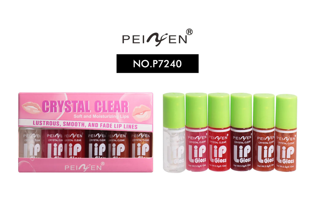 6 Piece Glass Mirror Lip Gloss Set with Shimmer Tint in Peach Cherry and Pink Shades