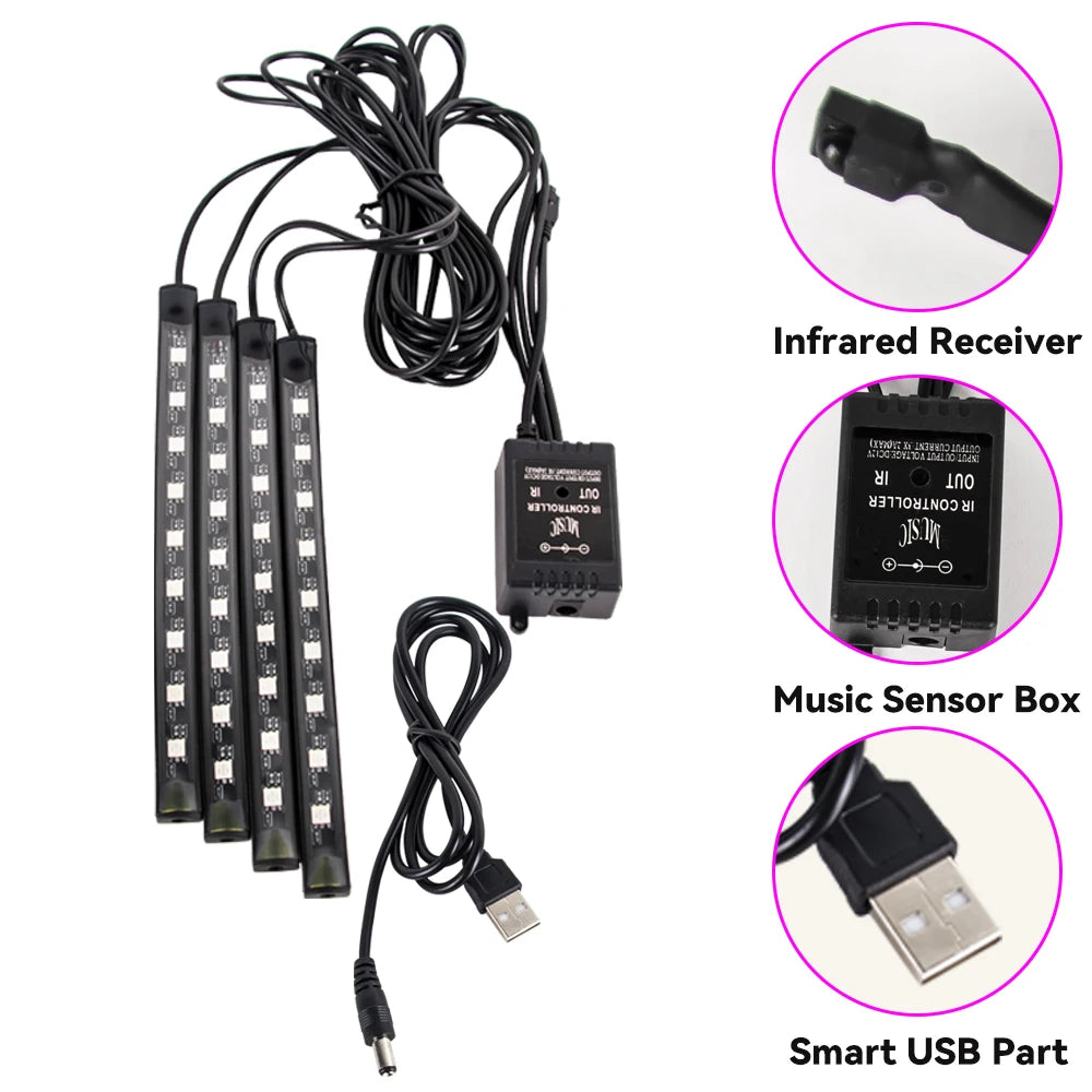 RGB Car Interior LED Ambient Lights with USB App and Remote Control for Foot Well Atmosphere