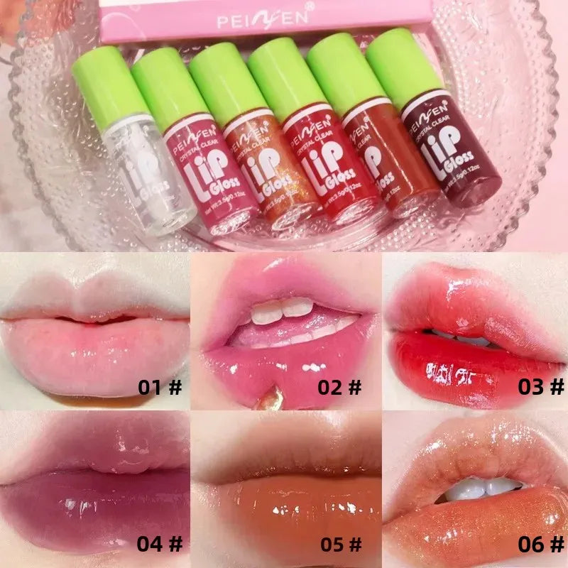 6 Piece Glass Mirror Lip Gloss Set with Shimmer Tint in Peach Cherry and Pink Shades