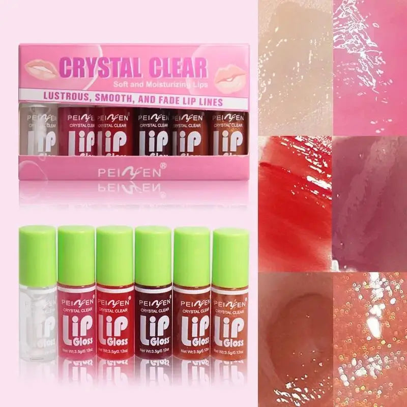 6 Piece Glass Mirror Lip Gloss Set with Shimmer Tint in Peach Cherry and Pink Shades