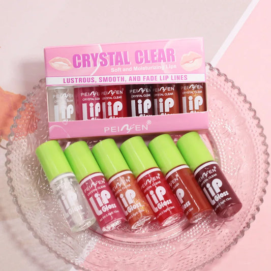 6 Piece Glass Mirror Lip Gloss Set with Shimmer Tint in Peach Cherry and Pink Shades