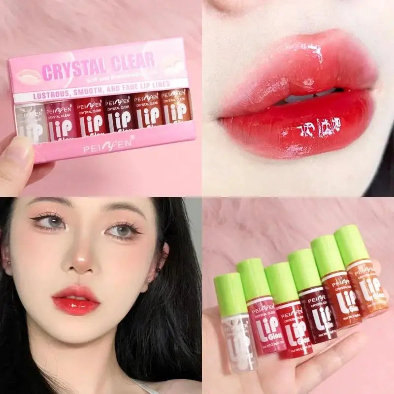 6 Piece Glass Mirror Lip Gloss Set with Shimmer Tint in Peach Cherry and Pink Shades